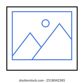 Minimalist design featuring blue outline of two mountains and a sun inside a square frame, Ideal for logos, web design, presentations, graphic design, and prints.