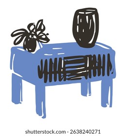 A minimalist design featuring a blue vase on a table with black outlines. A perfect piece for contemporary home interiors and interior decoration projects.