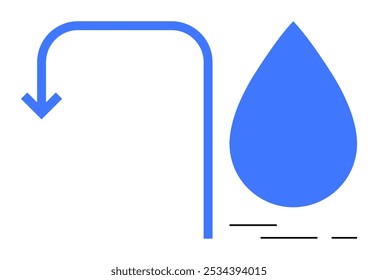 A minimalist design featuring a blue water droplet and a downward arrow. Ideal for water conservation, environmental themes, clean design, educational materials, and iconography. Simple shapes and a