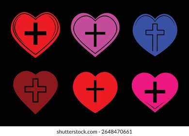 A minimalist design featuring a bold red plus symbol superimposed on a simple heart shape, set against a stark black background. a limited color palette create a modern and impactful graphic.