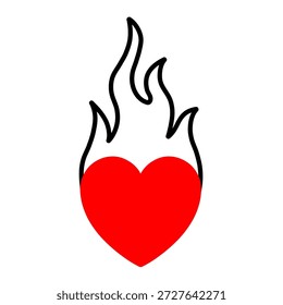 Un diseño minimalista con un corazón rojo clásico con contornos de llama negra que se eleva desde la parte superior. Capta la esencia del deseo ardiente y la pasión imparable de una manera simple pero sorprendente.