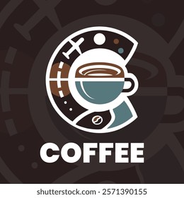 Minimalist design featuring a coffee cup, C initial, and flying plane, symbolizing productivity and exploration. Perfect for logos, branding, social media, and promotional materials