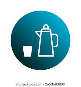 Design minimalista com uma cafeteira e ícone de xícara dentro de um fundo de círculo azul gradiente