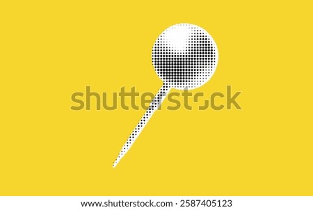 A minimalist design featuring a dotted pin icon on a bright yellow background. The pin is stylized with a circular top and a long pointed bottom, creating a modern look.