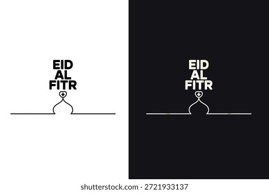 Design minimalista com texto Eid al Fitr com lua crescente em uma linha, em fundos brancos e pretos, simples e elegante