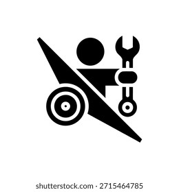 Diseño minimalista con un mecánico sin rostro que sostiene una llave, colocada junto a la rueda del coche con fondo transparente. Elemento aislado en blanco.