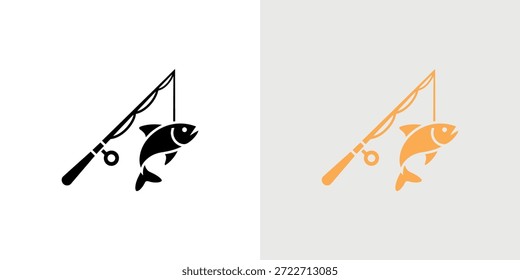 Un diseño minimalista con un pez en una línea de pesca en dos esquemas de color.