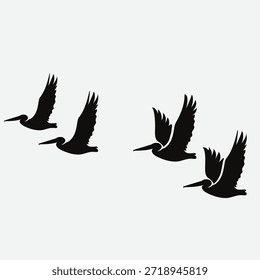 Ein minimalistisches Design mit vier schwarzen Vogelsilhouetten, die in Formation auf rein weißem Hintergrund fliegen und ein Gefühl von Freiheit und Bewegung vermitteln