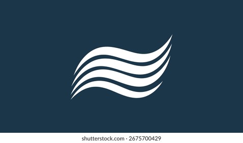 A minimalist design featuring four parallel, undulating white lines, creating a sense of movement and fluidity against a solid dark blue backdrop.