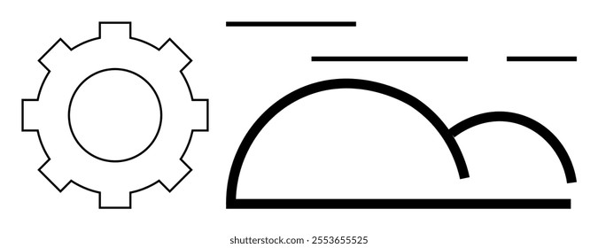 A minimalist design featuring a gear on the left and a cloud with horizontal lines symbolizing movement to the right. Ideal for technology, engineering, weather, web design, and modern art themes