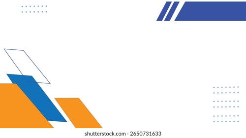 A minimalist design featuring geometric shapes in blue, orange, and white against a white background. Small dotted lines add subtle detail.