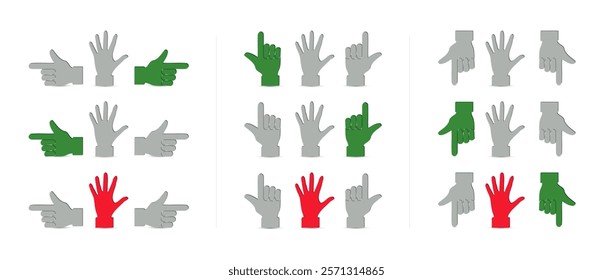 A minimalist design featuring hand gestures in green, red, and gray tones. The hands point in different directions and positions, forming a modern and functional icon set.