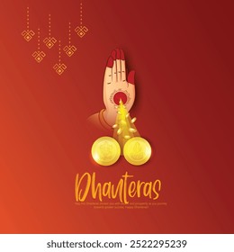 A minimalist design featuring a hand holding a gold coin with footprints, symbolizing Dhanteras and the wish for prosperity and success.