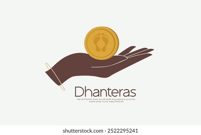 Um design minimalista com uma mão segurando uma moeda de ouro com pegadas, simbolizando Dhanteras e o desejo de prosperidade e sucesso.