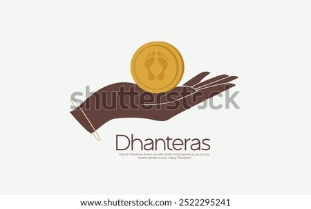 A minimalist design featuring a hand holding a gold coin with footprints, symbolizing Dhanteras and the wish for prosperity and success.