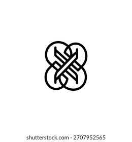 Ein minimalistisches Design mit ineinander verwobenen Kreisen und Linien, die ein anspruchsvolles und abstraktes Emblem schaffen. Das Design ist sauber und modern.