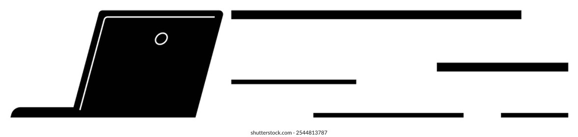 Un diseño minimalista con un portátil con líneas de velocidad que representan una rápida comunicación digital. Ideal para temas de tecnología, internet, negocios, productividad y eficiencia. Vector blanco y negro