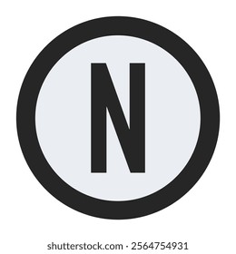 Minimalist design featuring the letter N in bold black font, set within a white circular background bordered by a solid black outline. Ideal for logos and graphic design elements.