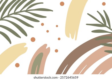 A minimalist design featuring muted earth tones, palm leaves, abstract brushstrokes, and small dots. The style is organic and modern, ideal for prints or backgrounds.