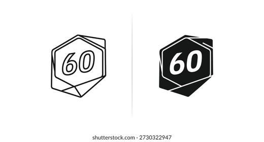 Minimalist design featuring the number 60 encapsulated within a hexagonal shape, presented in a monochromatic black and white color scheme.