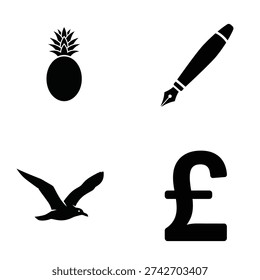 A minimalist design featuring a pineapple, fountain pen, seagull, and British pound symbol in silhouette mode