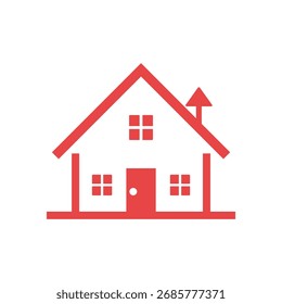 Design minimalista com um contorno vermelho de uma casa com janelas quadradas, uma porta, telhado inclinado e uma pequena chaminé isolada em um pano de fundo transparente limpo.