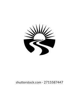 A minimalist design featuring a road leading to a rising sun illustration