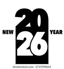 A minimalist design featuring a simple black and white representation of the new year 2026