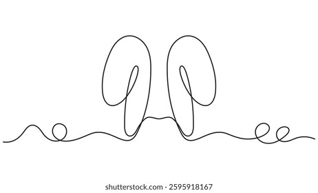 A minimalist design featuring a single, continuous line drawing of stylized rabbit ears sitting on a wavy ground, simple and elegant.