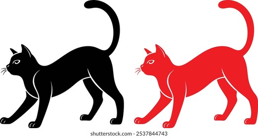 A minimalist design featuring a sleek black and red silhouette of a cat in a graceful stretch. Set on a crisp white background, the arched back and extended paws capture the elegance,






