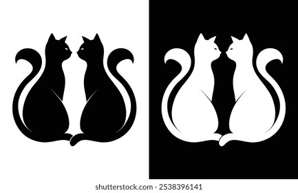 A minimalist design featuring a sleek black and red silhouette of a cat in a graceful stretch. Set on a crisp white background, the arched back and extended paws capture the elegance.