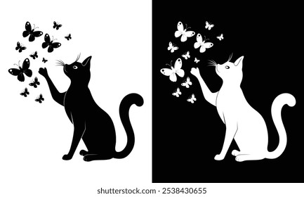 A minimalist design featuring a sleek black and red silhouette of a cat in a graceful stretch. Set on a crisp white background, the arched back and extended paws capture the elegance.