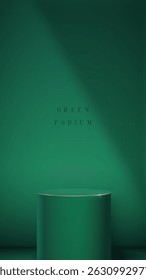 Diseño minimalista con un cilindro verde liso contra un fondo verde profundo, resaltando sutiles sombras y texturas