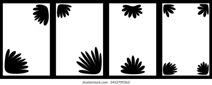 Ein minimalistisches Design mit dunkelschwarzen botanischen Silhouetten auf weißen vertikalen Tafeln, die Einfachheit und Eleganz verkörpern.