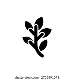 Un diseño minimalista con una rama negra estilizada con hojas redondeadas, aisladas sobre un fondo transparente, formando un icono gráfico único.