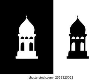 A minimalist design featuring a stylized dome structure in contrasting black and white.