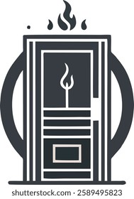 A minimalist design featuring a stylized door with a flame above it, representing the concept of the "Door to Immortality." The design incorporates clean lines, a circular frame, and a simple, elegant