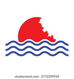 A minimalist design featuring a stylized red sun emerging over blue water waves. This simple icon represents sunrise, coastal nature, ocean tides, and summer vibes.