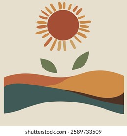 A minimalist design featuring a stylized sun and rolling hills. The sun is depicted in warm colors, radiating above a landscape with flowing shapes in earthy tones.