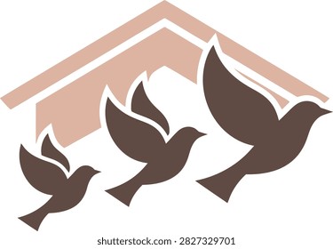 Minimalist design featuring three flying bird silhouettes beneath a stylized roof structure. Concept of shelter, home, and freedom.