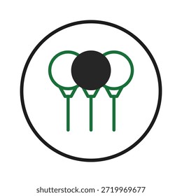 A minimalist design featuring three golf balls teed up within a circular frame. The contrasting black and green colors against the white background create a simple yet striking visual, suggesting