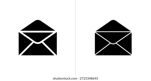 Un diseño minimalista con dos sobres abiertos negros, presentados como iconos limpios y aislados sobre un fondo blanco transparente.