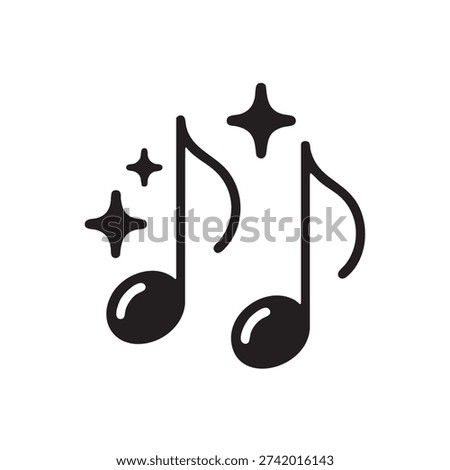 A minimalist design featuring two black music notes accompanied by three sparkles, set against a pure white background, conveying a sense of joy and festivity in a clean and modern aesthetic