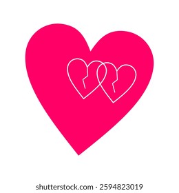 Minimalist design featuring two broken line art hearts inside a big pink heart, symbolizing love and heartbreak