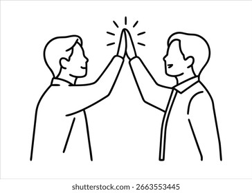 A minimalist design featuring two figures rendered in a continuous line style, depicting a celebratory gesture of clapping or raising hands together.