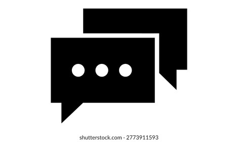 A minimalist design featuring two overlapping black chat speech bubbles on a clean white background. The front bubble contains three white dots, representing a conversation or messaging interface. The image is simple, yet effectively conveys communication and dialogue. Suitable for use in digital applications, websites, or marketing materials related to chat, messaging, or social media.