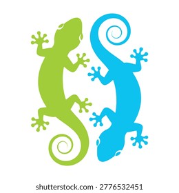 A minimalist design featuring two stylized geckos in bright green and blue colors, facing each other on a white background. Perfect for nature, ecology, and wildlife.