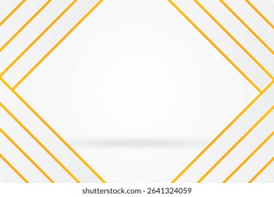 A minimalist design featuring a white background accented by bold diagonal golden lines creating a geometric frame. The subtle shadow adds depth.