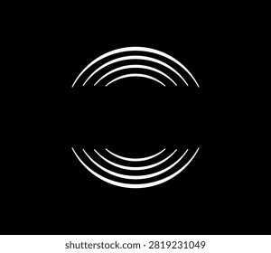 A minimalist design featuring white concentric arcs arranged in two sets, creating an abstract, stylized eye or sound wave pattern against a stark black backdrop.