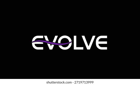 A minimalist design featuring the word Evolve in stark white lettering against a deep black backdrop, accented by a flowing purple wave beneath the